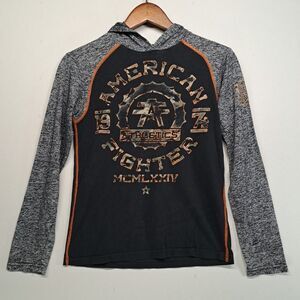 American Fighter Hooded Long Sleeve Shirt Youth Medium Black Herathered Gray MMA